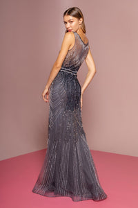 Elizabeth K GL2555 Sleeveless Tulle Dress - Navy-Gray - SohoGirl.com