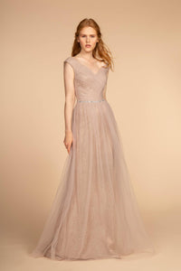 Elizabeth K GL2560 Mesh Ruched Jewel V-Neck Long Dress - Mauve - SohoGirl.com