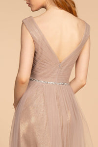 Elizabeth K GL2560 Mesh Ruched Jewel V-Neck Long Dress - Mauve - SohoGirl.com