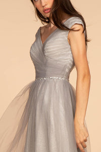 Elizabeth K GL2560 Mesh Ruched Jewel V-Neck Long Dress -Silver - SohoGirl.com