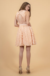 Elizabeth K GS1604 3D Floral Applique Lace Short Dress - Blush - SohoGirl.com