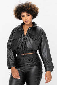 Leather PU Crop Jacket With Front Pockets - Black - SohoGirl.com