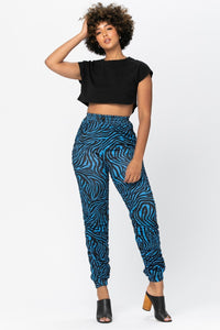 Ruched Jogger Pants With Zebra Print - Blue - SohoGirl.com