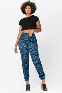 Ruched Jogger Pants With Zebra Print - Blue - SohoGirl.com