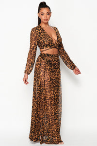 VOTIQUE SHEER CROPPED LONG SLEEVE BLOSE AND MATCHING MAXI SKIRT -LEOPARD II - SohoGirl.com