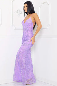 SYMPHONY MERMAID MAXI DRESS WITH PATTERNED SEQUINS OPEN CROSS BODY BACK- LAVENDER - SohoGirl.com