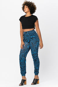 Ruched Jogger Pants With Zebra Print - Blue - SohoGirl.com