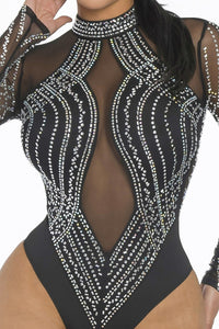 BNJ IRIS RHINESTONE MESH LONG SLEEVE BODYSUIT - BLACK