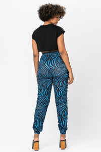 Ruched Jogger Pants With Zebra Print - Blue - SohoGirl.com