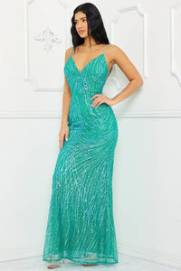 SYMPHONY MERMAID MAXI DRESS WITH PATTERNED SEQUINS OPEN CROSS BODY BACK- SEA GREEN - SohoGirl.com