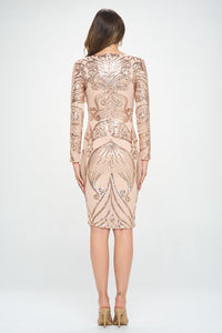 RICARICA LONG SLEEVE SEQUENCE MIDI DRESS BUTTERFLY - CHAMPAGNE - SohoGirl.com
