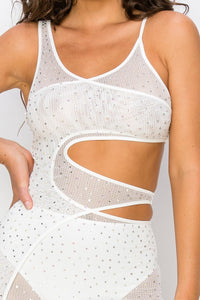 Rhinestone Fishnet Cutout Dress - White - SohoGirl.com