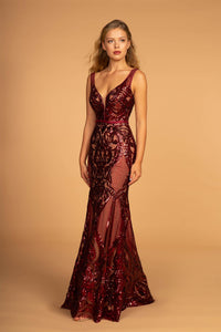 Elizabeth K GL2551 Sequin Mesh V-Neck Mermaid Dress - Burgundy - SohoGirl.com
