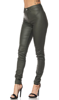 Super High Waisted Faux Leather Stretchy Skinny Jeans - Olive - SohoGirl.com