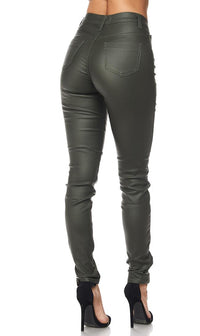 Super High Waisted Faux Leather Stretchy Skinny Jeans - Olive - SohoGirl.com