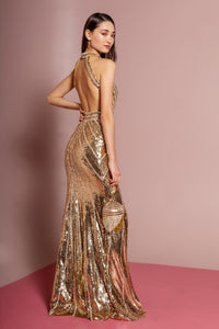 Elizabeth K GL2572 Halter Sleeveless Sequin Dress in Gold - SohoGirl.com