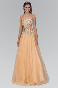 Elizabeth K GL1045 Strapless Long Dress with Corset Sheer Bodice Accented with Rhinestone and Sequin In Nude - SohoGirl.com