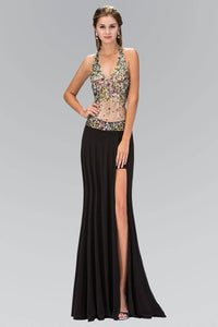 Elizabeth K GL1070X Halter Straps Bead Embellished High Slit Floor Length Gown in Black - SohoGirl.com
