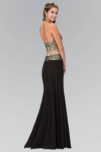 Elizabeth K GL1070X Halter Straps Bead Embellished High Slit Floor Length Gown in Black - SohoGirl.com