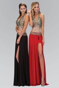 Elizabeth K GL1070X Halter Straps Bead Embellished High Slit Floor Length Gown in Red - SohoGirl.com