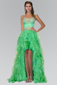 Elizabeth K GL1098 Organza High-Low Dress with Jeweled Sweetheart Bodice In Em Green - SohoGirl.com