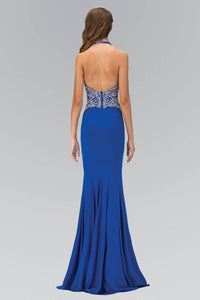 Elizabeth K GL1301P Open Back Contrast Bead Embellished Halter Neck Full Length Gown in Royal Blue - SohoGirl.com