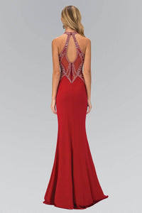 Elizabeth K GL1302P High Neck Bead Embellished Keyhole Back Full Length Gown in Dark Red - SohoGirl.com