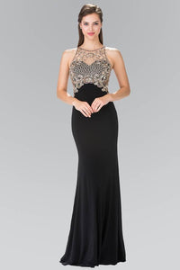 Elizabeth K GL1303 Floor Length Dress with Jewel Embellished Sheer Bodice and Back in Black - SohoGirl.com