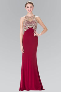 Elizabeth K GL1303 Floor Length Dress with Jewel Embellished Sheer Bodice and Back in Burgundy - SohoGirl.com