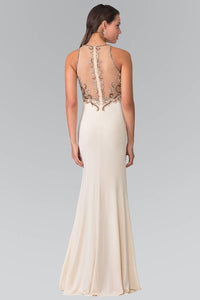 Elizabeth K GL1303 Floor Length Dress with Jewel Embellished Sheer Bodice and Back in Champagne - SohoGirl.com