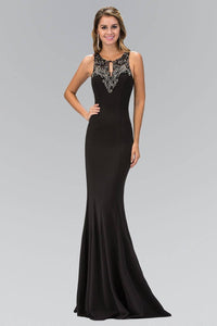 Elizabeth K GL1315D Bead Embellished Keyhole Neckline Sheer Back Full Length Gown in Black - SohoGirl.com