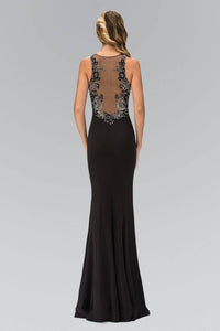 Elizabeth K GL1315D Bead Embellished Keyhole Neckline Sheer Back Full Length Gown in Black - SohoGirl.com