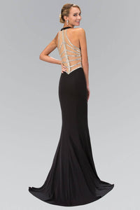 Elizabeth K GL1320D Halter V-Neck Embellished Sheer Side Cutout Full Length Gown in Black - SohoGirl.com