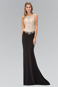 Elizabeth K GL1323X Shimmering Bodice Illusion Back Floor Length Gown Black - SohoGirl.com