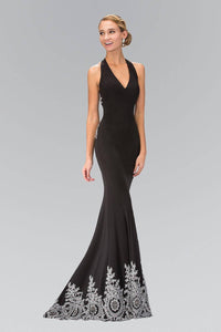 Elizabeth K GL1325X Classic V-Neck Strappy Back Full Length Embroidered Gown in Black - SohoGirl.com