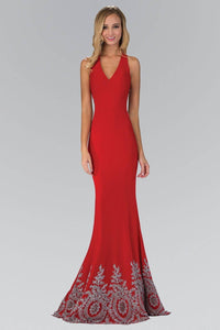 Elizabeth K GL1325X Classic V-Neck Strappy Back Full Length Embroidered Gown in Red - SohoGirl.com