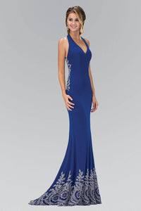 Elizabeth K GL1325X Classic V-Neck Strappy Back Full Length Embroidered Gown in Royal Blue - SohoGirl.com