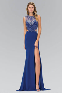 Elizabeth K GL1328X Beaded Illusion Back Cutout Side Slit Full Length Gown in Royal Blue - SohoGirl.com