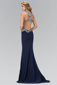 Elizabeth K GL1331X Metallic Lace Illusion Sweetheart Open Back Floor Length Gown in Navy - SohoGirl.com