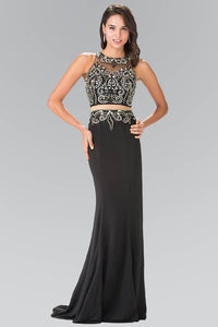 Elizabeth K GL1338 Waist Cut Out Floor Length Dress Accented with Jewel in Black - SohoGirl.com
