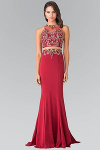 Elizabeth K GL1338 Waist Cut Out Floor Length Dress Accented with Jewel in Burgundy - SohoGirl.com