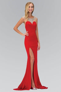 Elizabeth K GL1352P Bead Embellished Back Sweetheart Illusion with Side Slit Full Length Gown in Red - SohoGirl.com