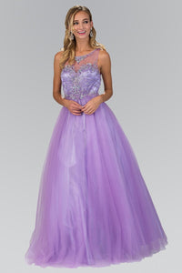 Elizabeth K GL1353 Quinceanera Tulle Long Dress with Sheer Neckline and Bead Embellished Bodice In Lilac - SohoGirl.com