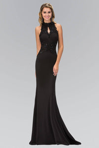 Elizabeth K GL1356P Sheer Lace Insert Halter Choker Neck Full Length Gown in Black - SohoGirl.com