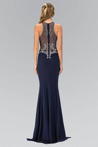 Elizabeth K GL1357P High Neck Illusion Back Jersey Full Length Gown in Navy - SohoGirl.com