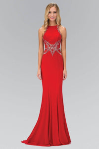 Elizabeth K GL1357P High Neck Illusion Back Jersey Full Length Gown in Red - SohoGirl.com