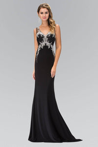 Elizabeth K GL1358P Crystal Design Bodice Back Illusion Floor Length Gown in Black - SohoGirl.com