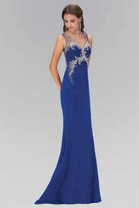 Elizabeth K GL1358P Crystal Design Bodice Back Illusion Floor Length Gown in Royal Blue - SohoGirl.com