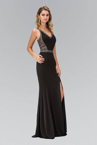 Elizabeth K GL1359P Sparkling Jewel Detail Floor Length Side Slit Prom Dress in Black - SohoGirl.com