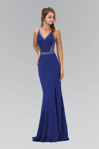 Elizabeth K GL1359P Sparkling Jewel Detail Floor Length Side Slit Prom Dress in Royal Blue - SohoGirl.com